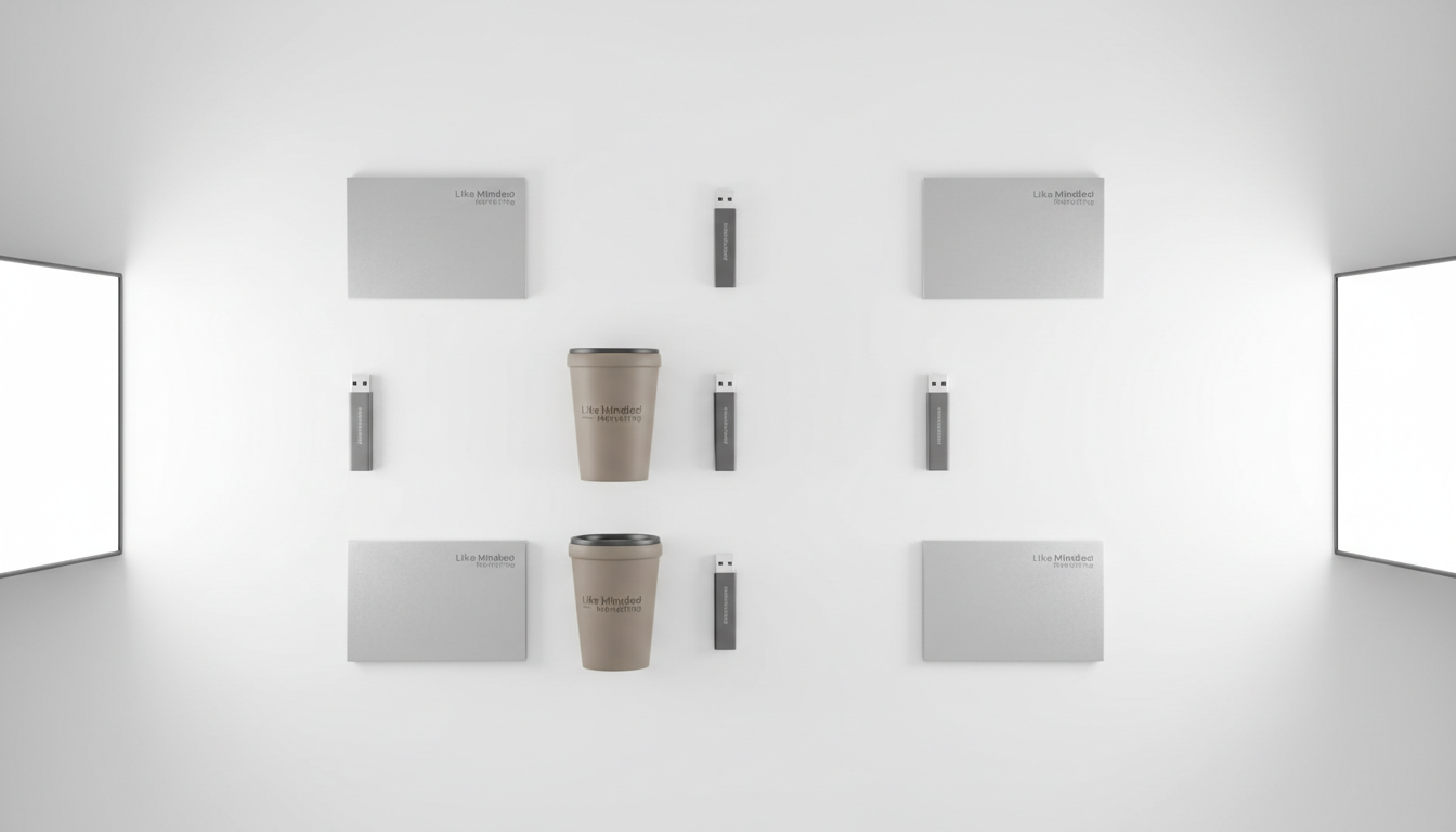 A collection of branded, neutral-toned merchandise—such as a slim gray USB drive, a taupe coffee tumbler, and a matte silver notepad—arranged in a precise grid on a seamless white backdrop. The items feature subtle, clean Like Minded Marketing logos etched or printed, reinforcing professional brand identity. Soft, controlled studio lighting comes from both sides to minimize harsh shadows and create delicate edge highlights, ensuring every texture is visible and the image remains crisp. The mood is highly organized and sophisticated, with an emphasis on clean lines and symmetry. Captured with a centered, top-down composition and sharp depth of field, this photographic realism image enhances the structured, corporate feel while supporting the brand’s expertise in local business outreach.
