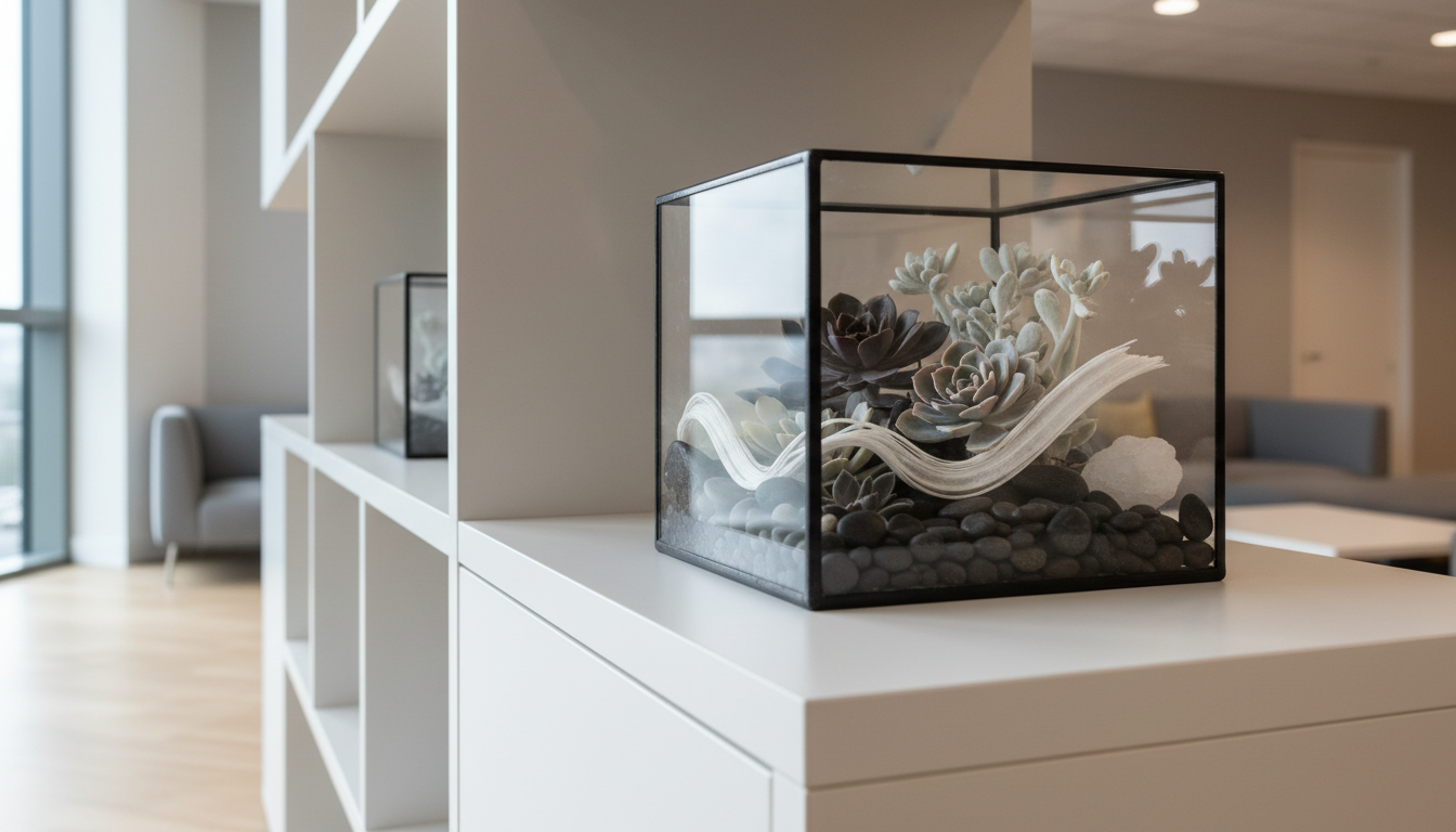 A stylish glass terrarium filled with sleek, monochromatic succulents and small stone accents, placed atop a pale, structured shelving unit in the corner of a corporate co-working lounge. The terrarium’s contents echo themes of organic growth within a controlled environment. Subtle, balanced neutral background tones and clean geometric lines create a sense of harmony. Gentle natural light enters from side windows, illuminating the glass and casting soft, refined reflections onto the nearby surfaces. The atmosphere is serene, professional, and quietly nurturing, captured from a low, slightly angled perspective with medium depth of field to highlight the terrarium and let the background fade gently. The photographic style is clean and modern, reinforcing the concept of sustained, local, organic business growth.