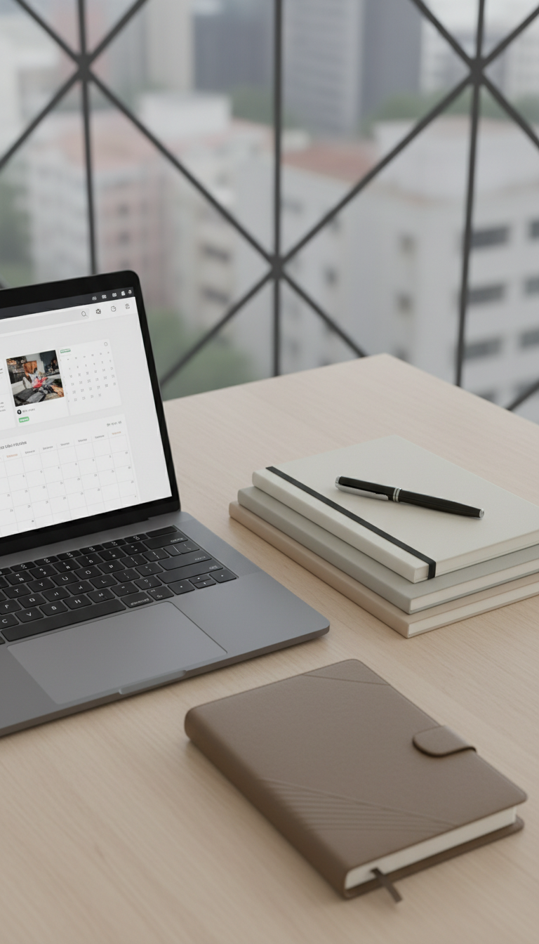An organized workspace featuring a graphite-gray laptop displaying an open social media post scheduling tool, surrounded by neatly stacked neutral-tone notebooks, a matte black pen, and a closed, taupe leather-bound planner. The setting is a clean, minimalist office desk with a smooth, pale wood surface, against a backdrop of geometric glass partitions. Soft, overcast natural light pours in from an unseen window, creating gentle highlights on the laptop's metallic lid and barely-there shadows under the stationary. The mood is focused and efficient, conveying a clear sense of professionalism and meticulous planning. Framed with a slight overhead angle and a balanced rule-of-thirds composition, the photographic image is visually structured to communicate a modern, corporate commitment to purposeful social outreach.
