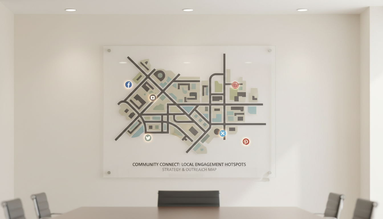 A polished, modern directory map illustrating a stylized urban neighborhood, rendered with structured, neutral-hued shapes and pinpointed social media icons denoting local engagement hotspots. The map is displayed on a large, glossy acrylic panel mounted against a minimal cream wall in a bright conference room. Overhead recessed lighting creates uniform illumination, preventing glare and highlighting the panel’s sleek finish, while subtle shadows define its three-dimensionality. The mood is optimistic and strategic, presenting local outreach as both sophisticated and accessible. Captured from a straight-on, medium-distance perspective, the composition centers the map in the frame, emphasizing clarity and professionalism. The photographic realism style supports the corporate branding of effective, community-focused social media marketing.